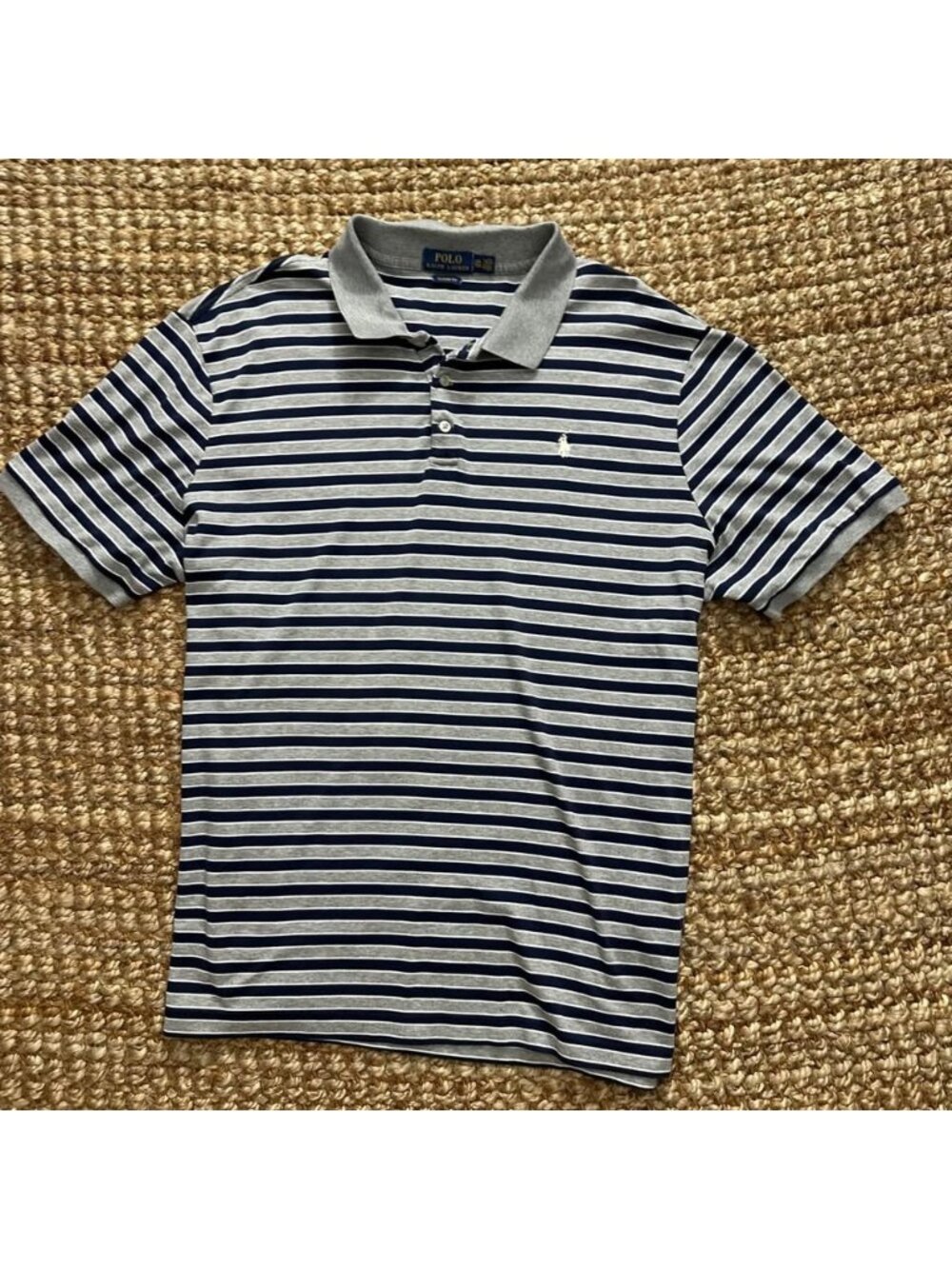 Polo Ralph Lauren Mens Short Sleeve Striped Polo Shirt Grey Navy Blue Custom Fit